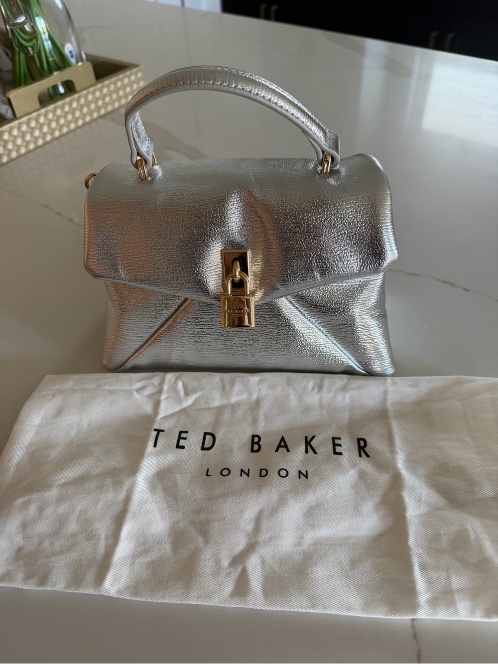 Ted Baker Silver Metallic Top Handle Satchel with Gold Lock
